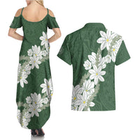 Ia Orana Tahiti Tiare Couples Matching Summer Maxi Dress and Hawaiian Shirt Sage Green Lei - Polynesian Pride