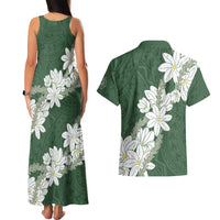 Ia Orana Tahiti Tiare Couples Matching Tank Maxi Dress and Hawaiian Shirt Sage Green Lei - Polynesian Pride
