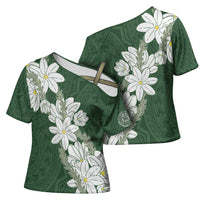 Ia Orana Tahiti Tiare Cross Shoulder Shirt Sage Green Lei - Polynesian Pride
