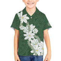 Ia Orana Tahiti Tiare Family Matching Off The Shoulder Long Sleeve Dress and Hawaiian Shirt Sage Green Lei - Polynesian Pride