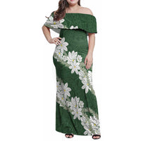 Ia Orana Tahiti Tiare Family Matching Off Shoulder Maxi Dress and Hawaiian Shirt Sage Green Lei - Polynesian Pride