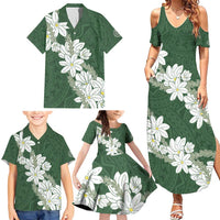 Ia Orana Tahiti Tiare Family Matching Summer Maxi Dress and Hawaiian Shirt Sage Green Lei - Polynesian Pride