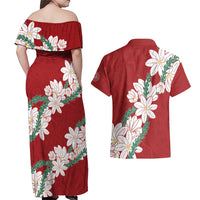 Ia Orana Tahiti Tiare Couples Matching Off Shoulder Maxi Dress and Hawaiian Shirt Crimson Lei - Polynesian Pride