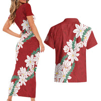 Ia Orana Tahiti Tiare Couples Matching Short Sleeve Bodycon Dress and Hawaiian Shirt Crimson Lei - Polynesian Pride