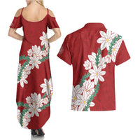 Ia Orana Tahiti Tiare Couples Matching Summer Maxi Dress and Hawaiian Shirt Crimson Lei - Polynesian Pride