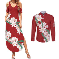 Ia Orana Tahiti Tiare Couples Matching Summer Maxi Dress and Long Sleeve Button Shirt Crimson Lei LT7 Red - Polynesian Pride