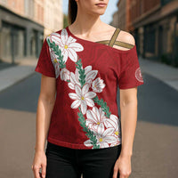 Ia Orana Tahiti Tiare Cross Shoulder Shirt Crimson Lei - Polynesian Pride