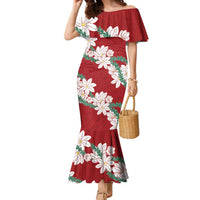 Ia Orana Tahiti Tiare Family Matching Mermaid Dress and Hawaiian Shirt Crimson Lei LT7 Mom's Dress Red - Polynesian Pride