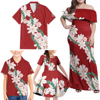 Ia Orana Tahiti Tiare Family Matching Off Shoulder Maxi Dress and Hawaiian Shirt Crimson Lei - Polynesian Pride