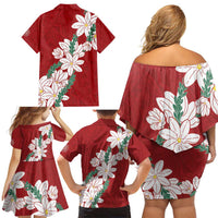 Ia Orana Tahiti Tiare Family Matching Off Shoulder Short Dress and Hawaiian Shirt Crimson Lei - Polynesian Pride