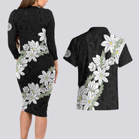 Ia Orana Tahiti Tiare Couples Matching Long Sleeve Bodycon Dress and Hawaiian Shirt Black Lei - Polynesian Pride