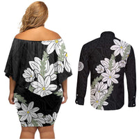 Ia Orana Tahiti Tiare Couples Matching Off Shoulder Short Dress and Long Sleeve Button Shirt Black Lei - Polynesian Pride