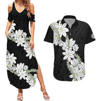 Ia Orana Tahiti Tiare Couples Matching Summer Maxi Dress and Hawaiian Shirt Black Lei - Polynesian Pride