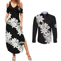 Ia Orana Tahiti Tiare Couples Matching Summer Maxi Dress and Long Sleeve Button Shirt Black Lei - Polynesian Pride