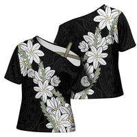 Ia Orana Tahiti Tiare Cross Shoulder Shirt Black Lei - Polynesian Pride