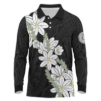 Ia Orana Tahiti Tiare Long Sleeve Polo Shirt Black Lei - Polynesian Pride