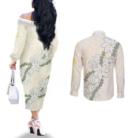 Ia Orana Tahiti Tiare Couples Matching Off The Shoulder Long Sleeve Dress and Long Sleeve Button Shirt Lemon Yellow Lei - Polynesian Pride