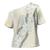 Ia Orana Tahiti Tiare Cross Shoulder Shirt Lemon Yellow Lei - Polynesian Pride
