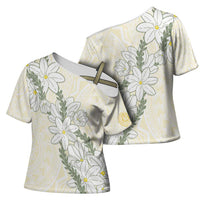 Ia Orana Tahiti Tiare Cross Shoulder Shirt Lemon Yellow Lei - Polynesian Pride