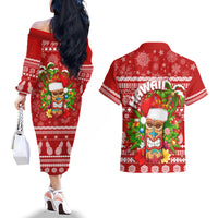 Hawaii Tiki Christmas Couples Matching Off The Shoulder Long Sleeve Dress and Hawaiian Shirt Mele Kalikimaka LT7 - Polynesian Pride
