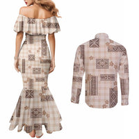 Hawaiian Quilt Tapa On Beige Palaka Motifs Couples Matching Mermaid Dress and Long Sleeve Button Shirt LT7 - Polynesian Pride