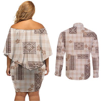 Hawaiian Quilt Tapa On Beige Palaka Motifs Couples Matching Off Shoulder Short Dress and Long Sleeve Button Shirt LT7 - Polynesian Pride