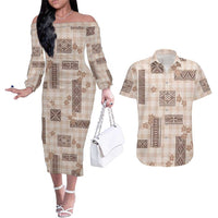 Hawaiian Quilt Tapa On Beige Palaka Motifs Couples Matching Off The Shoulder Long Sleeve Dress and Hawaiian Shirt
