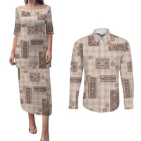 Hawaiian Quilt Tapa On Beige Palaka Motifs Couples Matching Puletasi and Long Sleeve Button Shirt LT7 Beige - Polynesian Pride