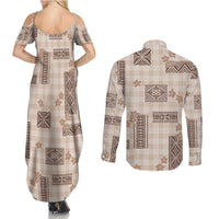 Hawaiian Quilt Tapa On Beige Palaka Motifs Couples Matching Summer Maxi Dress and Long Sleeve Button Shirt LT7 - Polynesian Pride