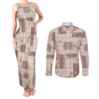 Hawaiian Quilt Tapa On Beige Palaka Motifs Couples Matching Tank Maxi Dress and Long Sleeve Button Shirt LT7 Beige - Polynesian Pride