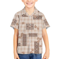 Hawaiian Quilt Tapa On Beige Palaka Motifs Family Matching Off Shoulder Short Dress and Hawaiian Shirt LT7 Son's Shirt Beige - Polynesian Pride