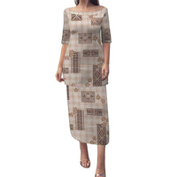 Hawaiian Quilt Tapa On Beige Palaka Motifs Family Matching Puletasi and Hawaiian Shirt