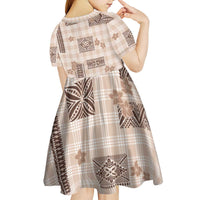 Hawaiian Quilt Tapa On Beige Palaka Motifs Kid Short Sleeve Dress