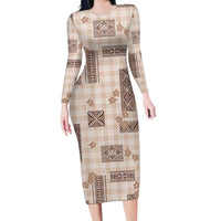 Hawaiian Quilt Tapa On Beige Palaka Motifs Long Sleeve Bodycon Dress LT7 Long Dress Beige - Polynesian Pride