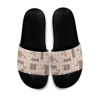 Hawaiian Quilt Tapa On Beige Palaka Motifs Slide Sandals