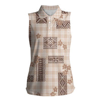 Hawaiian Quilt Tapa On Beige Palaka Motifs Women Sleeveless Polo Shirt LT7 Female Beige - Polynesian Pride
