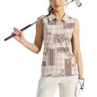 Hawaiian Quilt Tapa On Beige Palaka Motifs Women Sleeveless Polo Shirt LT7 - Polynesian Pride