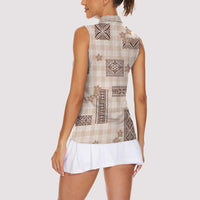 Hawaiian Quilt Tapa On Beige Palaka Motifs Women Sleeveless Polo Shirt LT7 - Polynesian Pride