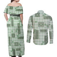Hawaiian Quilt Tapa On Pastel Mint Palaka Motifs Couples Matching Off Shoulder Maxi Dress and Long Sleeve Button Shirt LT7 - Polynesian Pride