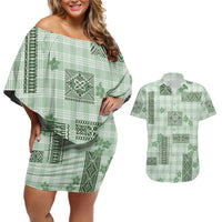 Hawaiian Quilt Tapa On Pastel Mint Palaka Motifs Couples Matching Off Shoulder Short Dress and Hawaiian Shirt LT7 Mint - Polynesian Pride