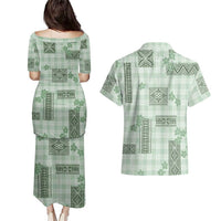 Hawaiian Quilt Tapa On Pastel Mint Palaka Motifs Couples Matching Puletasi and Hawaiian Shirt LT7 - Polynesian Pride