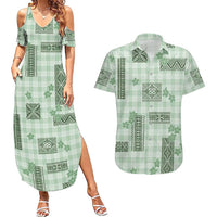 Hawaiian Quilt Tapa On Pastel Mint Palaka Motifs Couples Matching Summer Maxi Dress and Hawaiian Shirt LT7 Mint - Polynesian Pride