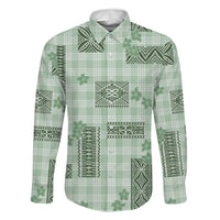 Hawaiian Quilt Tapa On Pastel Mint Palaka Motifs Family Matching Off Shoulder Short Dress and Hawaiian Shirt LT7 Dad's Shirt - Long Sleeve Mint - Polynesian Pride