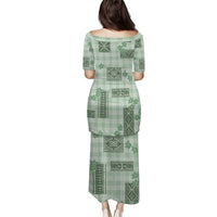 Hawaiian Quilt Tapa On Pastel Mint Palaka Motifs Family Matching Puletasi and Hawaiian Shirt