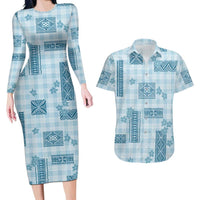 Hawaiian Quilt Tapa On Cold Blue Palaka Motifs Couples Matching Long Sleeve Bodycon Dress and Hawaiian Shirt