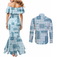 Hawaiian Quilt Tapa On Cold Blue Palaka Motifs Couples Matching Mermaid Dress and Long Sleeve Button Shirt LT7 - Polynesian Pride