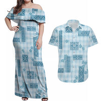 Hawaiian Quilt Tapa On Cold Blue Palaka Motifs Couples Matching Off Shoulder Maxi Dress and Hawaiian Shirt LT7 Azure - Polynesian Pride