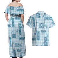 Hawaiian Quilt Tapa On Cold Blue Palaka Motifs Couples Matching Off Shoulder Maxi Dress and Hawaiian Shirt LT7 - Polynesian Pride