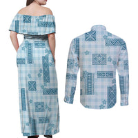 Hawaiian Quilt Tapa On Cold Blue Palaka Motifs Couples Matching Off Shoulder Maxi Dress and Long Sleeve Button Shirt LT7 - Polynesian Pride