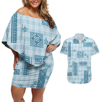 Hawaiian Quilt Tapa On Cold Blue Palaka Motifs Couples Matching Off Shoulder Short Dress and Hawaiian Shirt LT7 Azure - Polynesian Pride